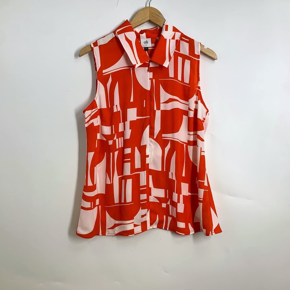 Cabi Kelly #6103 Geometric Abstract Sleeveless Collared Button Up Top Size S